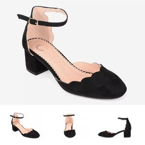 Black Scalloped Ankle-Strap Block Heel Pumps